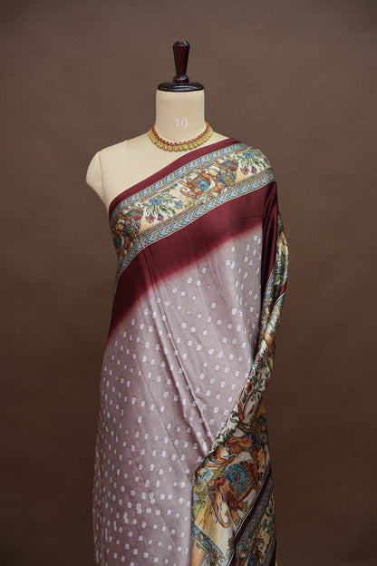 Pure Gajji Silk Saree in Nude with Bandhej Pallu & Royal Elephant Digital Print