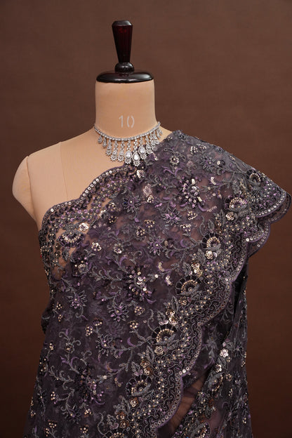 Party Wear Net Saree with Multi-Tone Sequin Embroidery - Purple Grey
