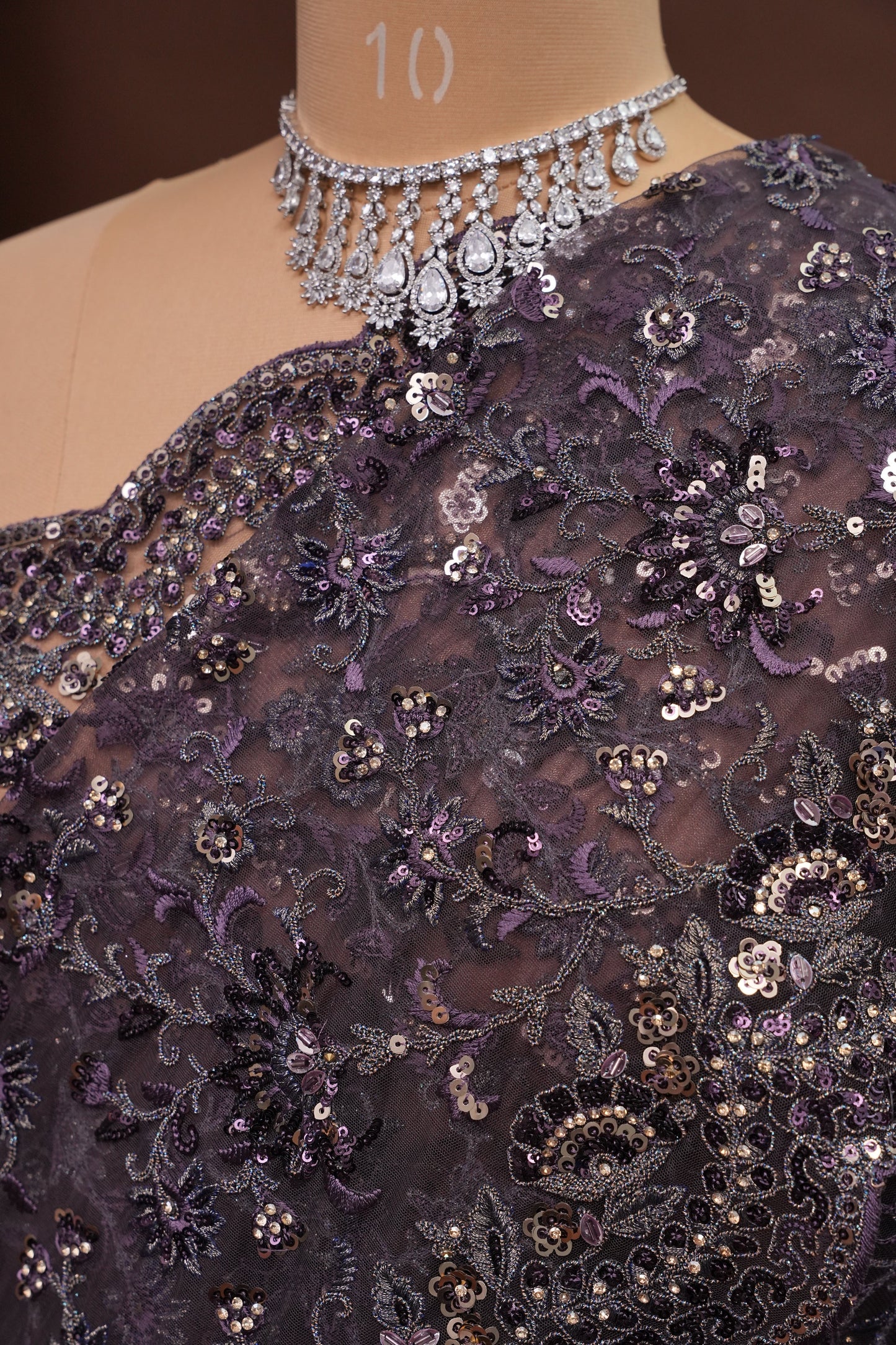 Party Wear Net Saree with Multi-Tone Sequin Embroidery - Purple Grey