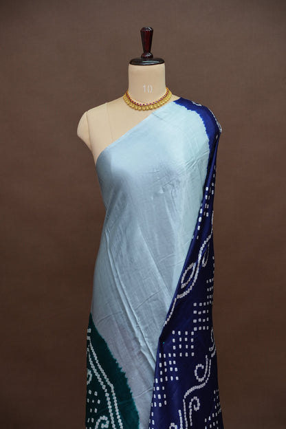 Pure Gajji Silk Saree in Powder Blue with Bandhej Pallu & Bandhani Digital Print