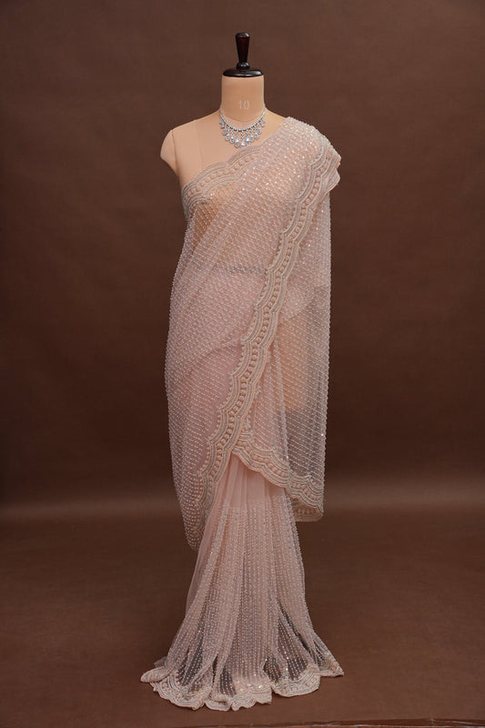 Party Wear Saree with All-Over Bead & Sequin Embellishments - Blush Nude