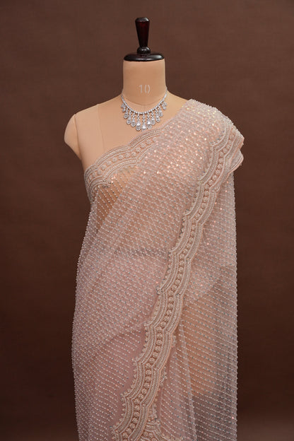 Party Wear Saree with All-Over Bead & Sequin Embellishments - Blush Nude
