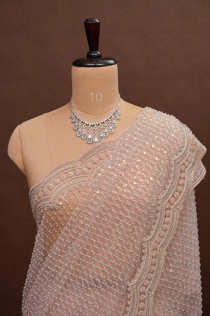 Party Wear Saree with All-Over Bead & Sequin Embellishments - Blush Nude