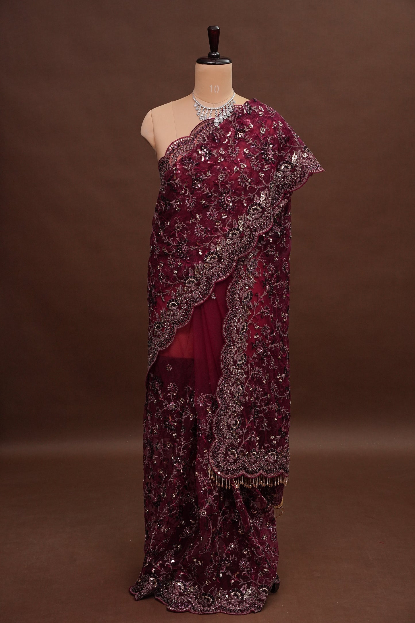 Party Wear Net Saree with Embroidery & Sequin Work - Burgundy