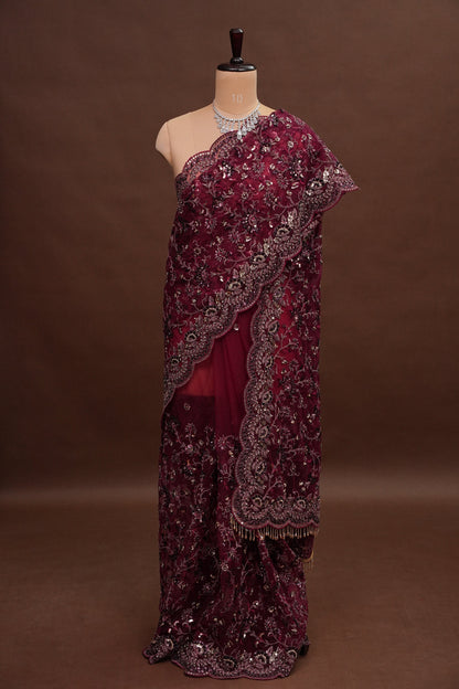Party Wear Net Saree with Embroidery & Sequin Work - Burgundy