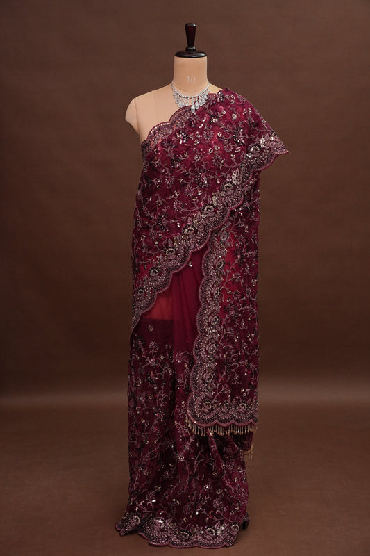Party Wear Net Saree with Embroidery & Sequin Work - Burgundy
