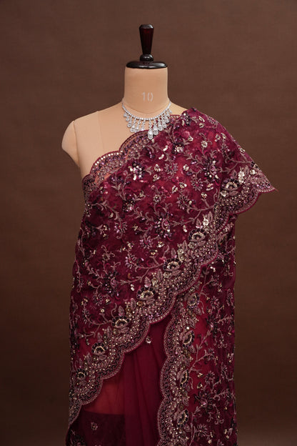 Party Wear Net Saree with Embroidery & Sequin Work - Burgundy