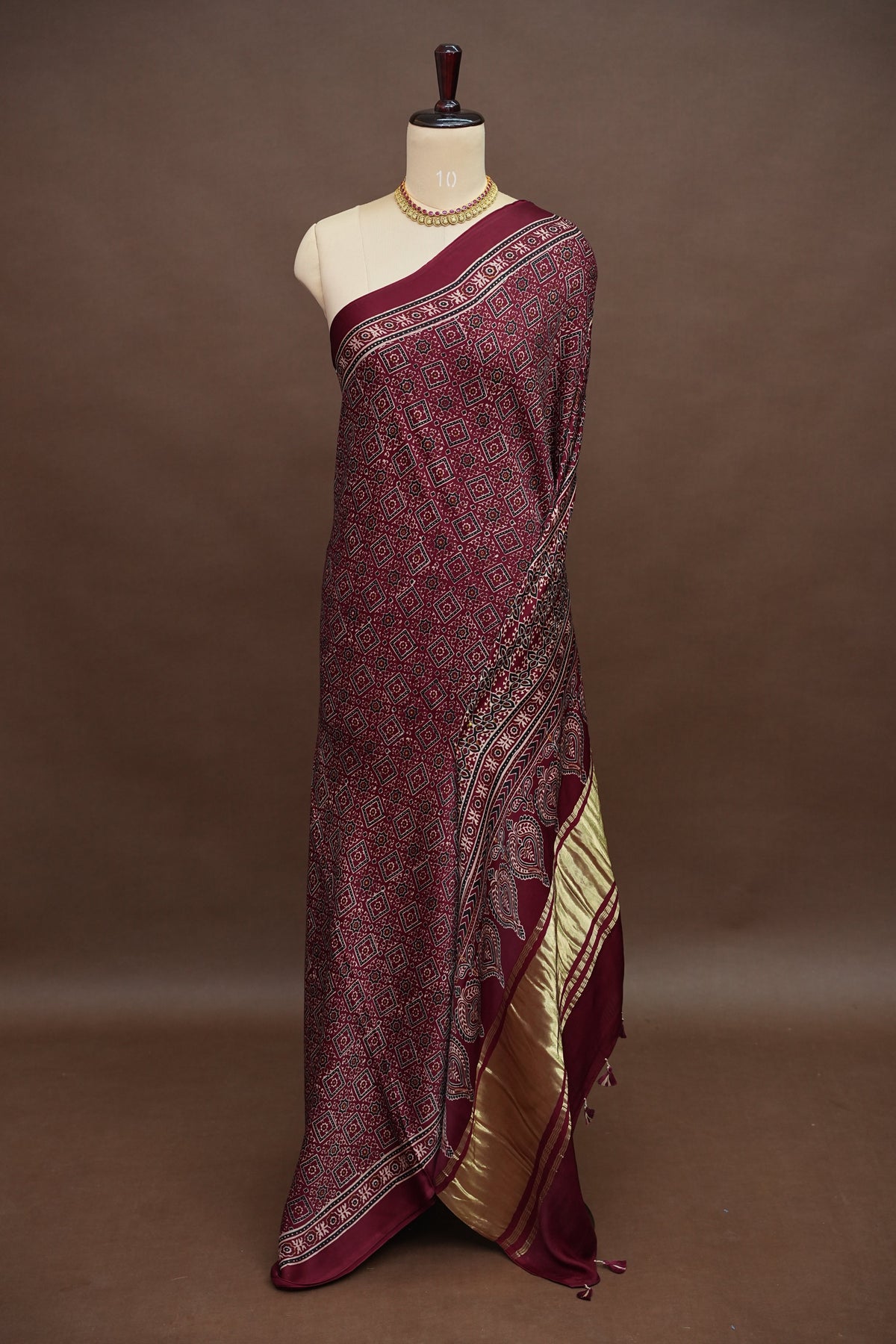Pure Modal Silk Saree in Maroon with Bandhej-Inspired Ajrakh Print Pallu