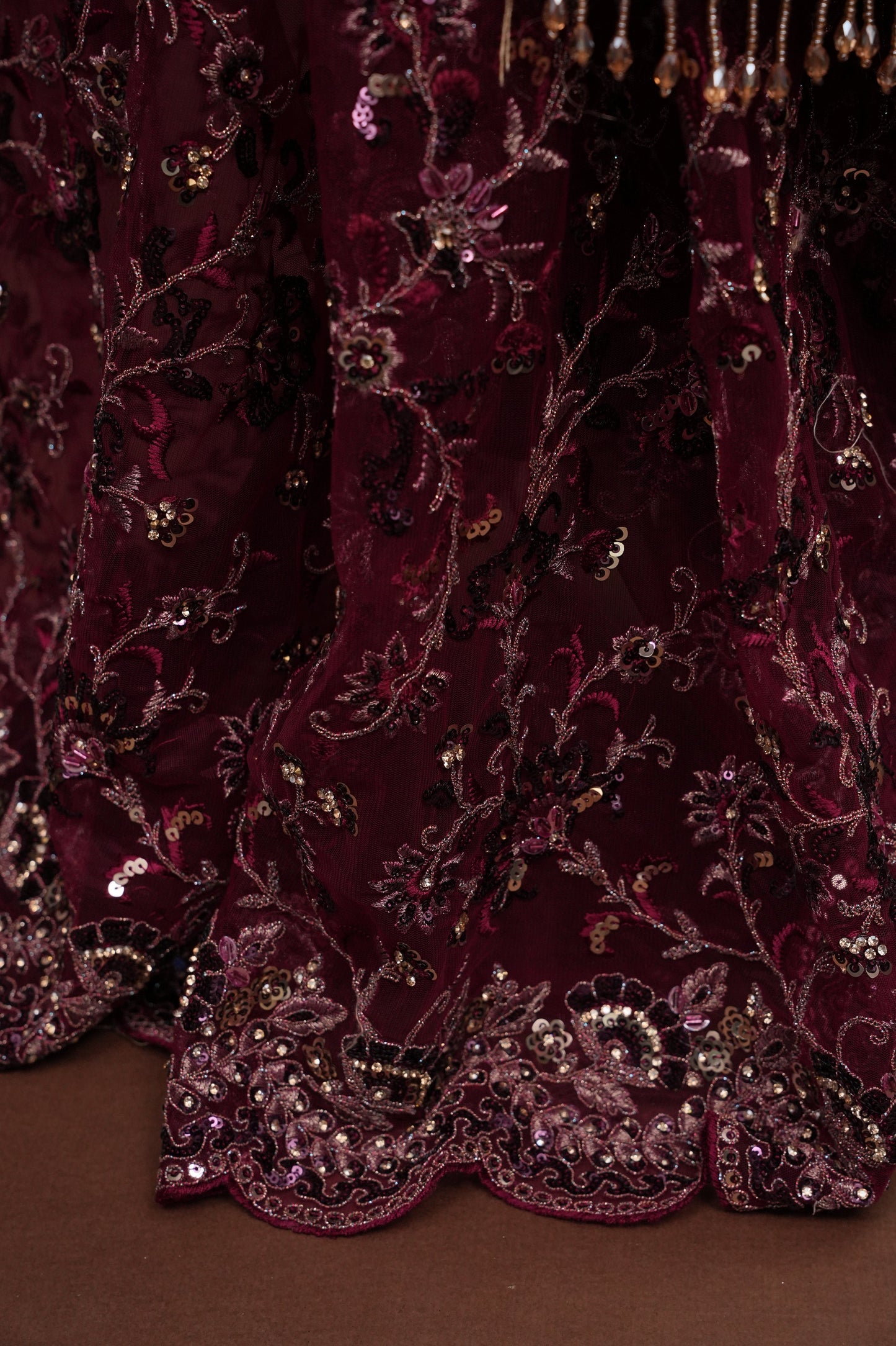 Party Wear Net Saree with Embroidery & Sequin Work - Burgundy