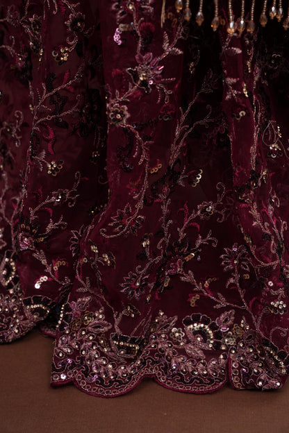 Party Wear Net Saree with Embroidery & Sequin Work - Burgundy
