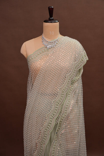 Party Wear Saree with All-Over Bead & Sequin Embellishments - Pastel Green
