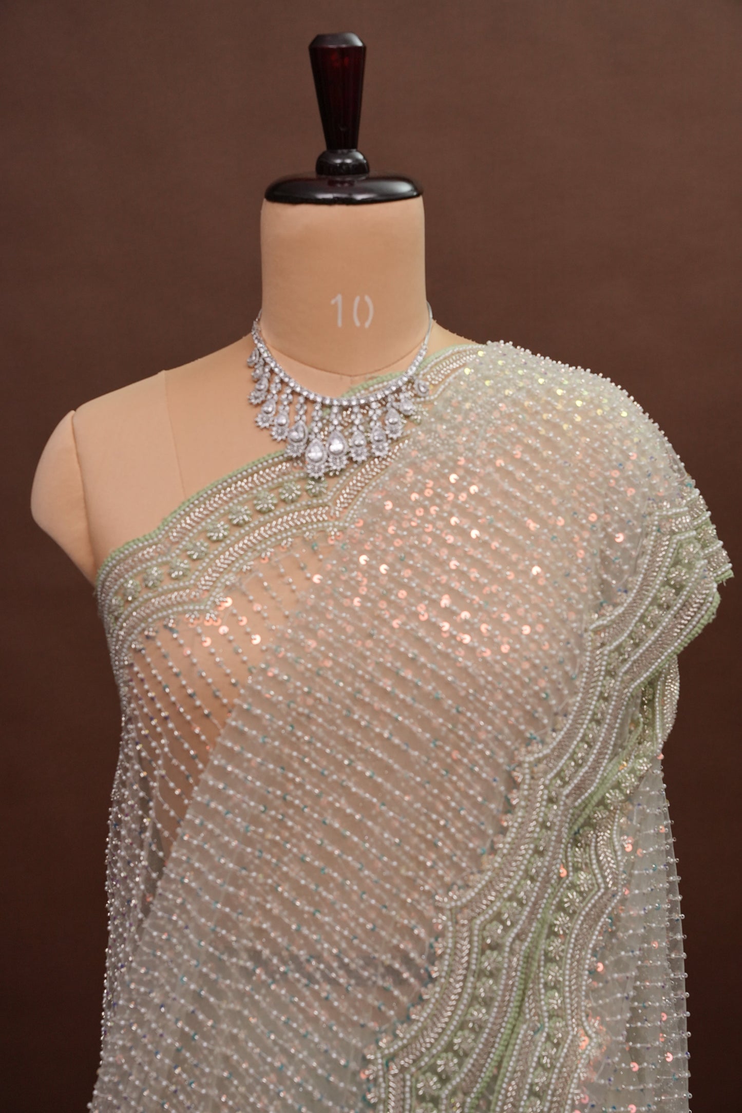 Party Wear Saree with All-Over Bead & Sequin Embellishments - Pastel Green