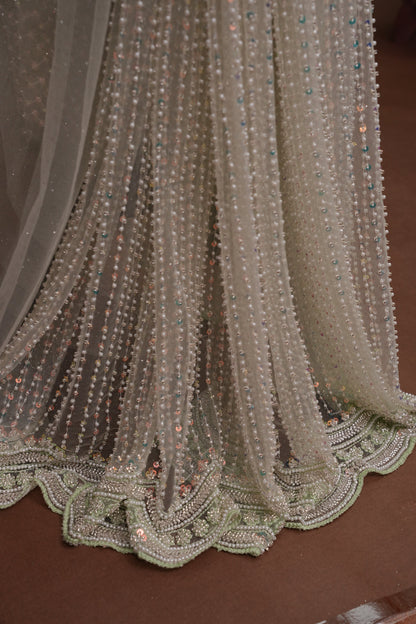 Party Wear Saree with All-Over Bead & Sequin Embellishments - Pastel Green