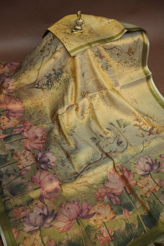 Digital Printed Tissue Raw Silk Saree with Lotus Garden Landscape