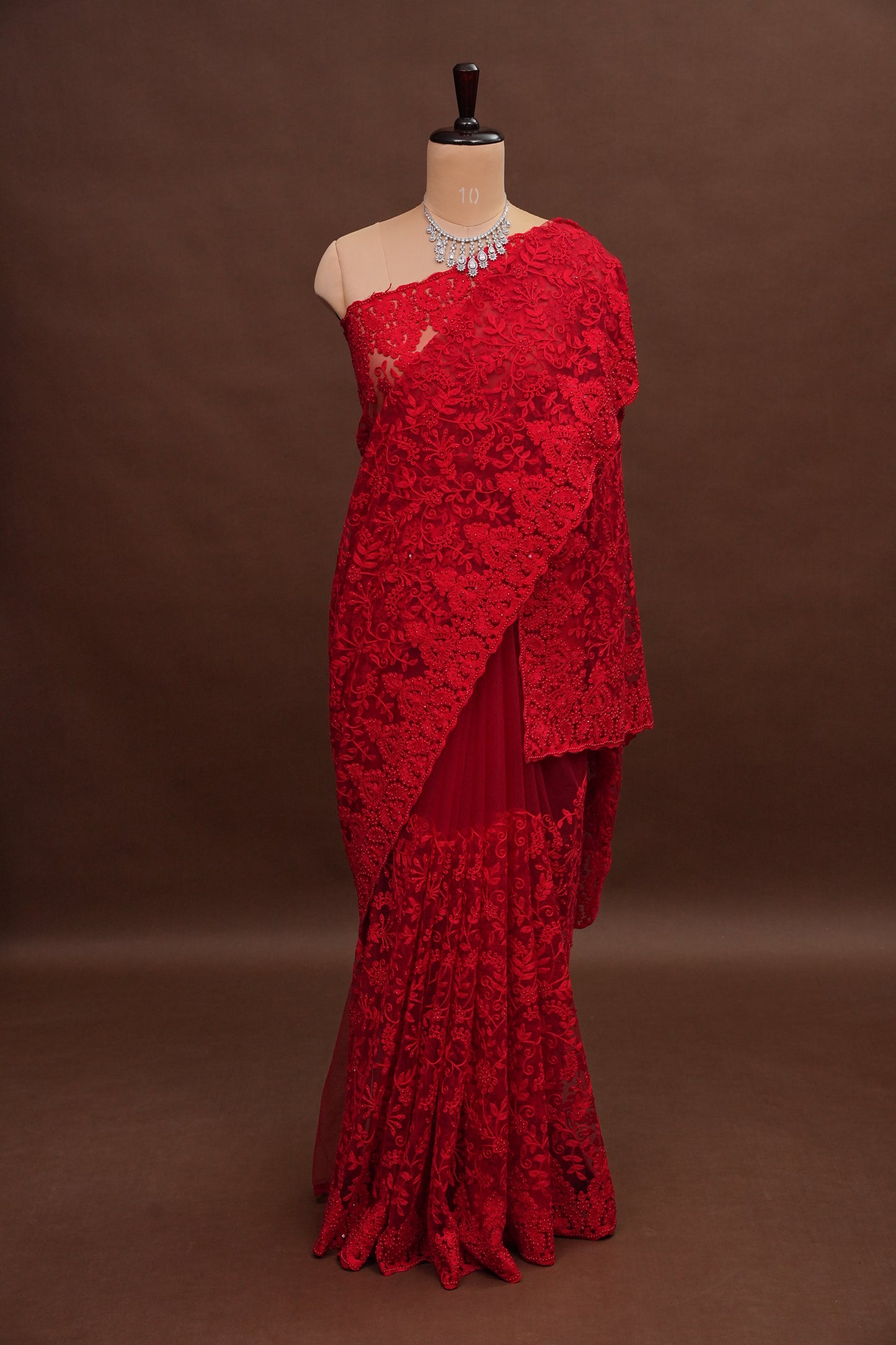 Party Wear Netted Saree with Self-Tone Floral Embroidery - Scarlet Red