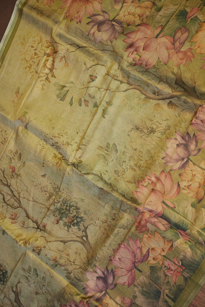 Digital Printed Tissue Raw Silk Saree with Lotus Garden Landscape