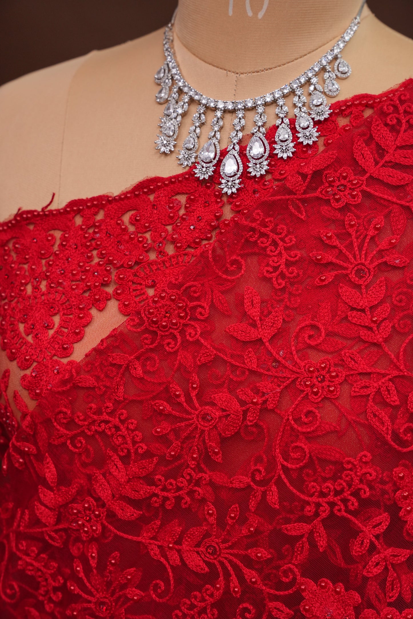 Party Wear Netted Saree with Self-Tone Floral Embroidery - Scarlet Red