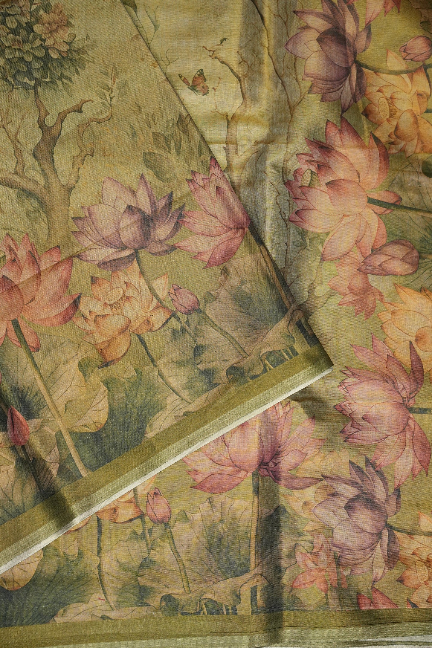 Digital Printed Tissue Raw Silk Saree with Lotus Garden Landscape