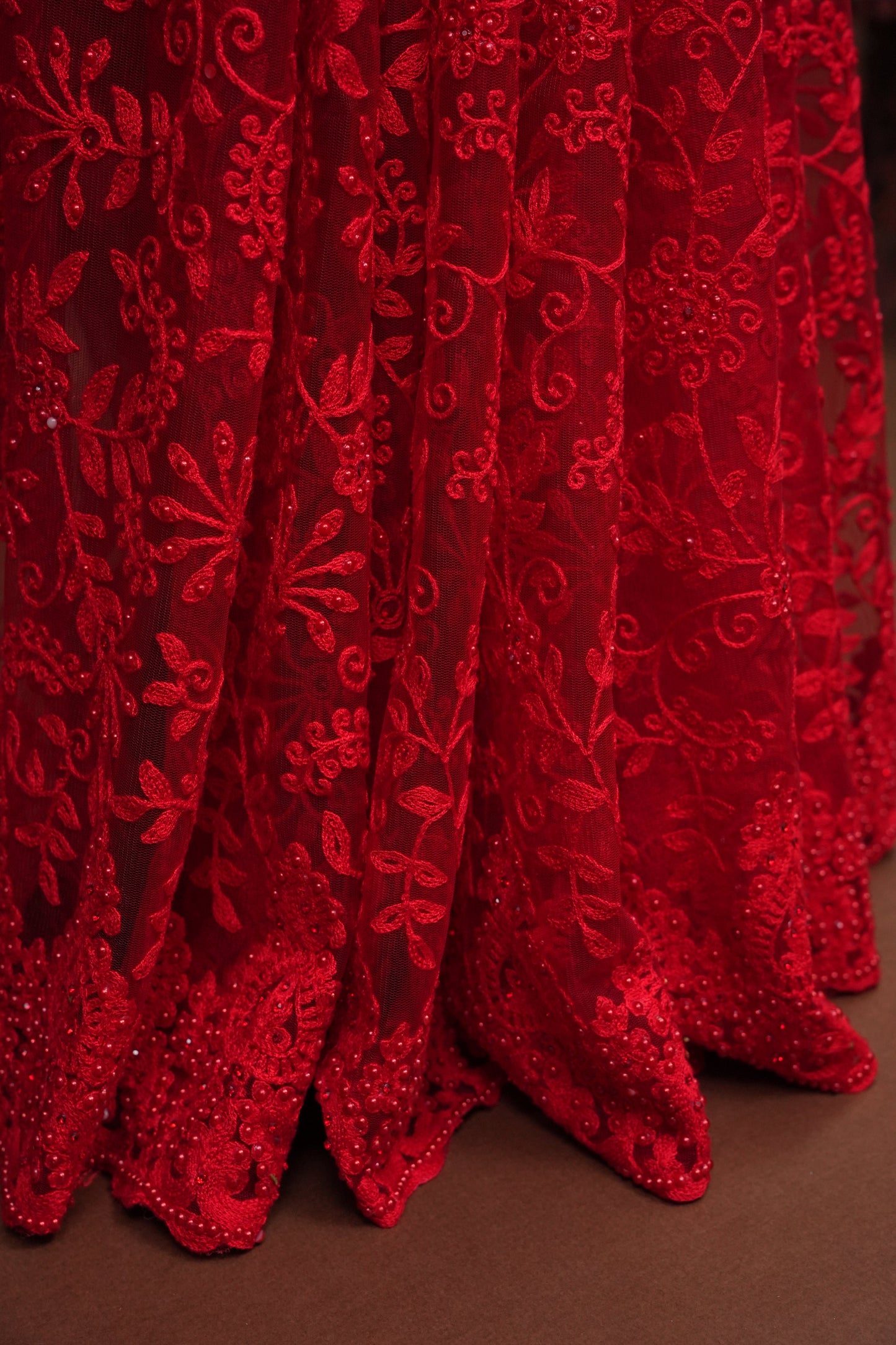 Party Wear Netted Saree with Self-Tone Floral Embroidery - Scarlet Red