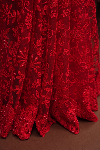 Party Wear Netted Saree with Self-Tone Floral Embroidery - Scarlet Red