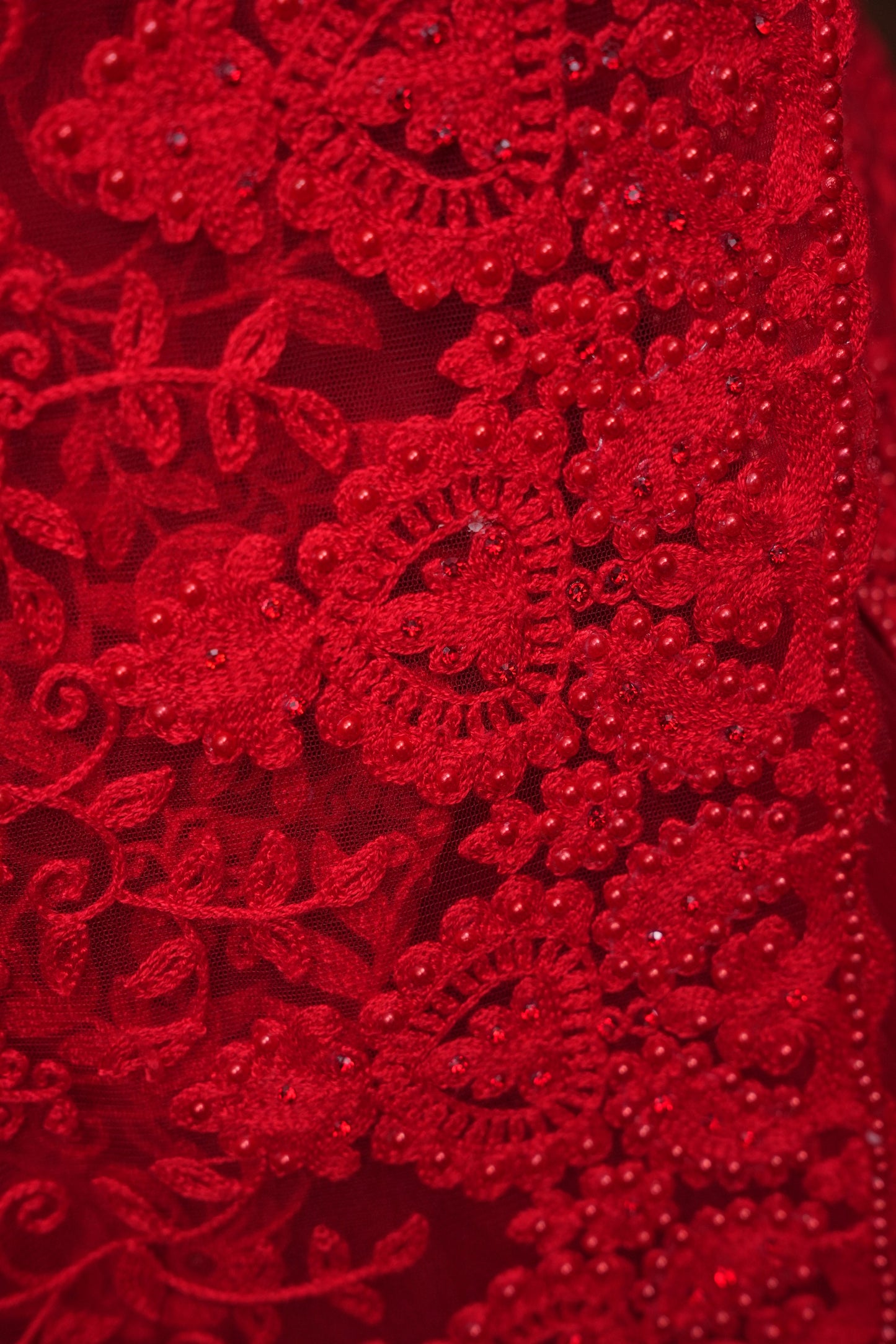 Party Wear Netted Saree with Self-Tone Floral Embroidery - Scarlet Red