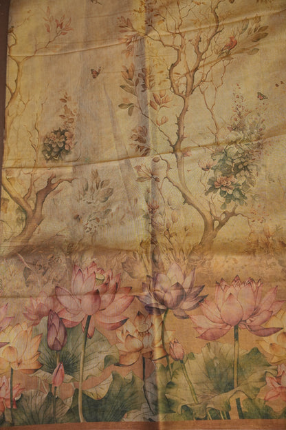 Digital Printed Tissue Raw Silk Saree with Enchanted Lotus Garden