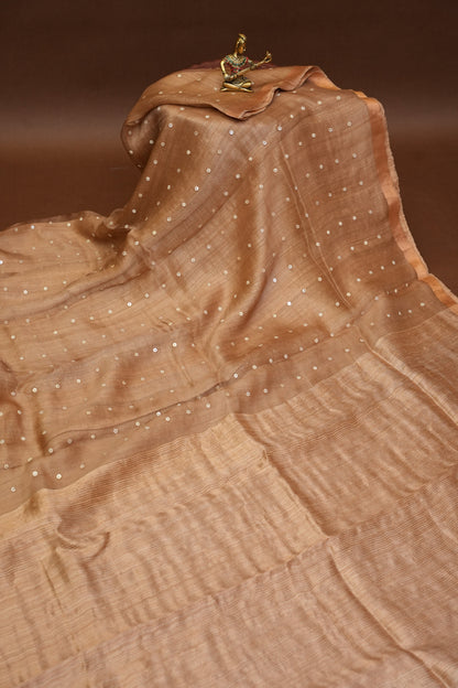 Warm Sand Beige Pure Muslin Pure Silk Saree|Silk Mark Certified