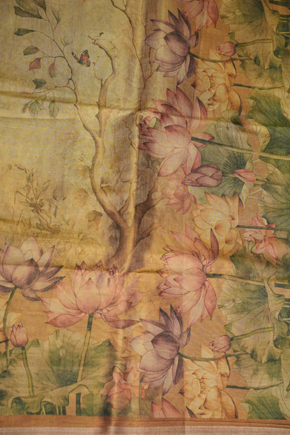 Digital Printed Tissue Raw Silk Saree with Enchanted Lotus Garden