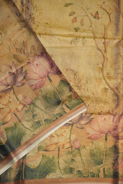 Digital Printed Tissue Raw Silk Saree with Enchanted Lotus Garden