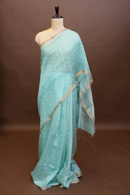 Ice Blue Pure Muslin Matka Silk Saree|Silk Mark Certified