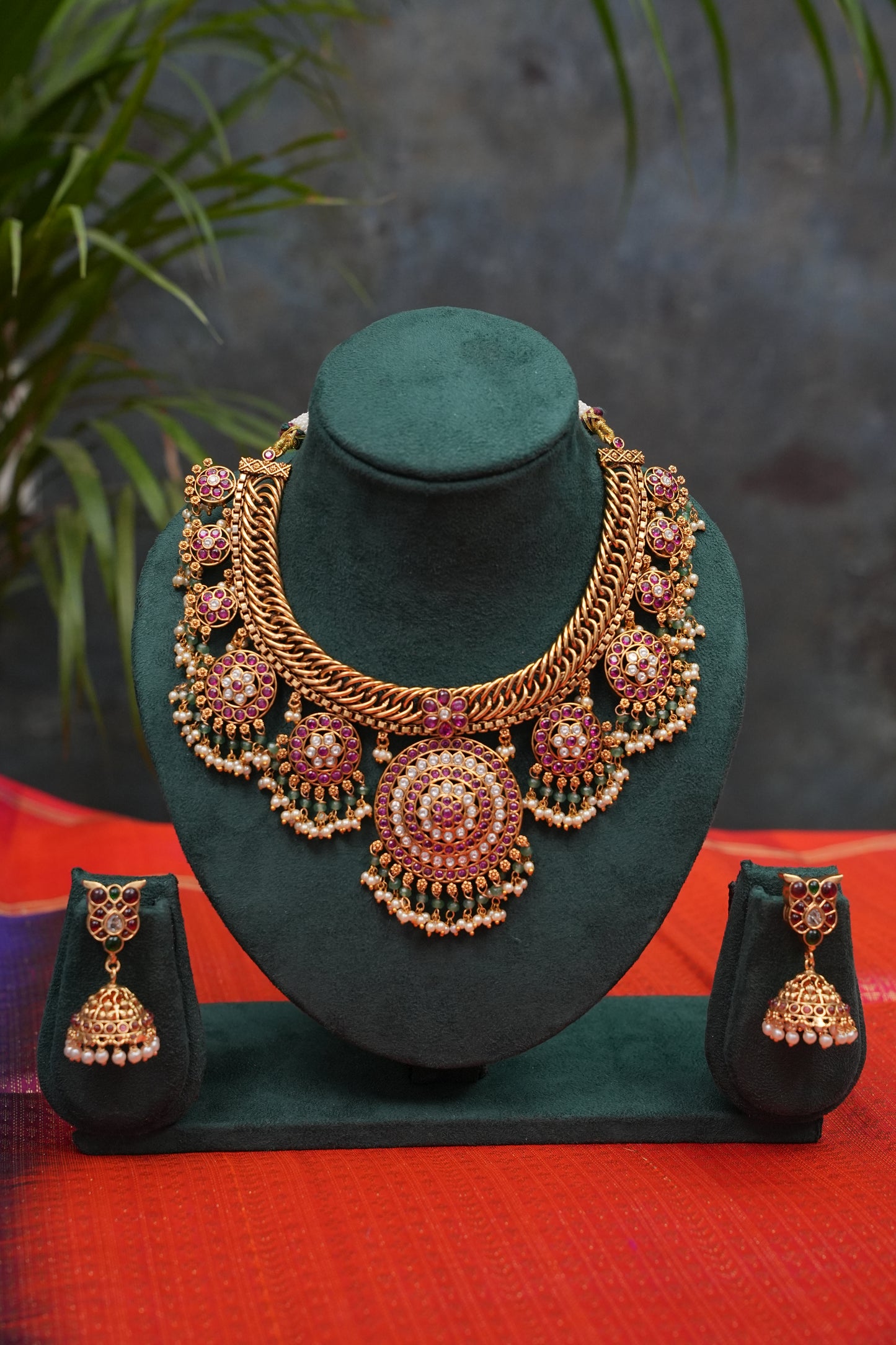 Royal Statement Antique Gold-Plated Temple Necklace Set with Ruby Motifs