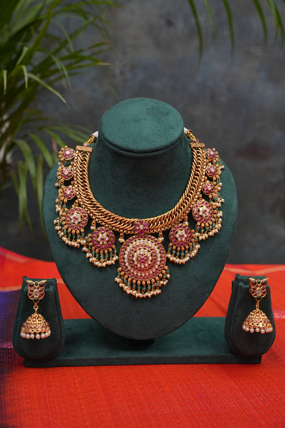 Royal Statement Antique Gold-Plated Temple Necklace Set with Ruby Motifs