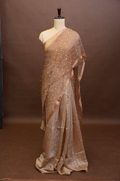 Warm Sand Beige Pure Muslin Pure Silk Saree|Silk Mark Certified