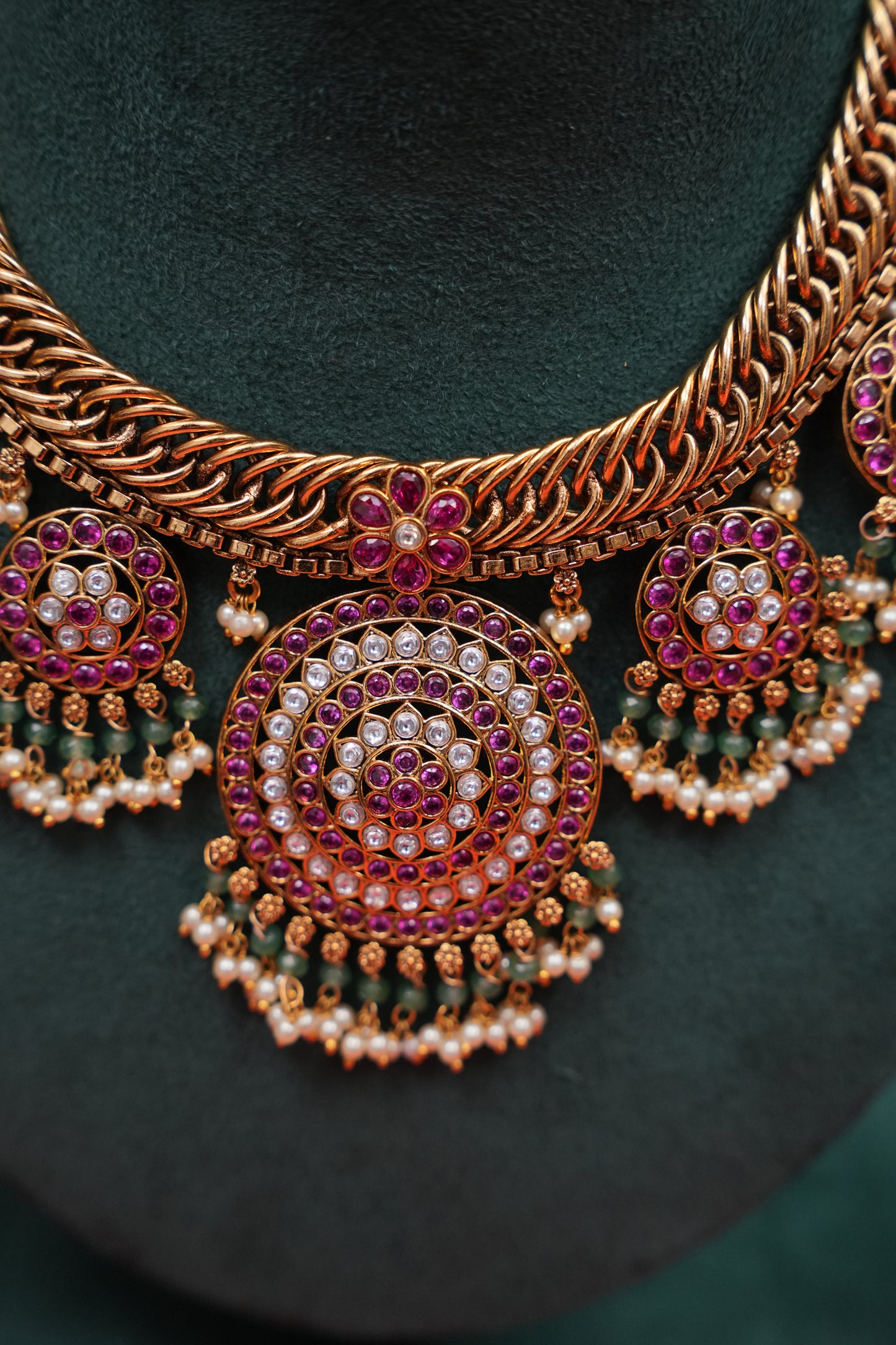 Royal Statement Antique Gold-Plated Temple Necklace Set with Ruby Motifs