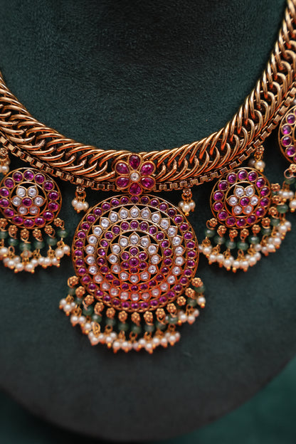 Royal Statement Antique Gold-Plated Temple Necklace Set with Ruby Motifs