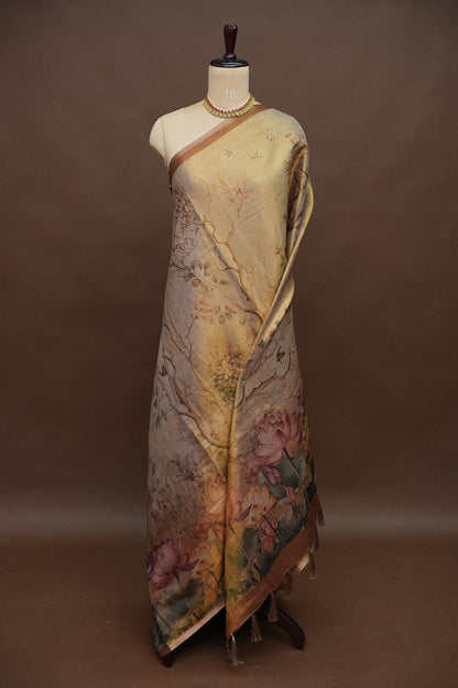 Digital Printed Tissue Raw Silk Saree with Enchanted Lotus Garden