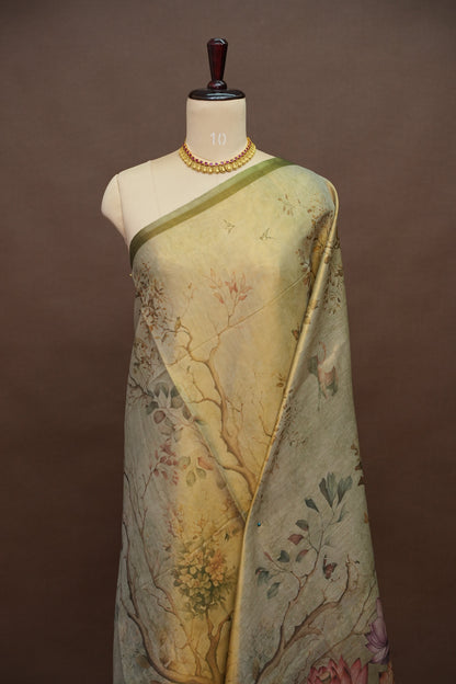 Digital Printed Tissue Raw Silk Saree with Lotus Garden Landscape