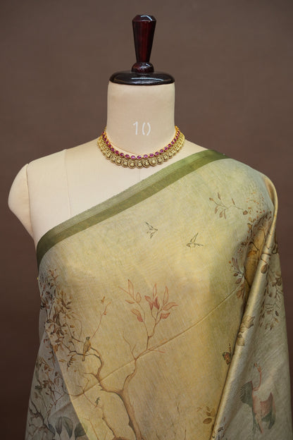 Digital Printed Tissue Raw Silk Saree with Lotus Garden Landscape