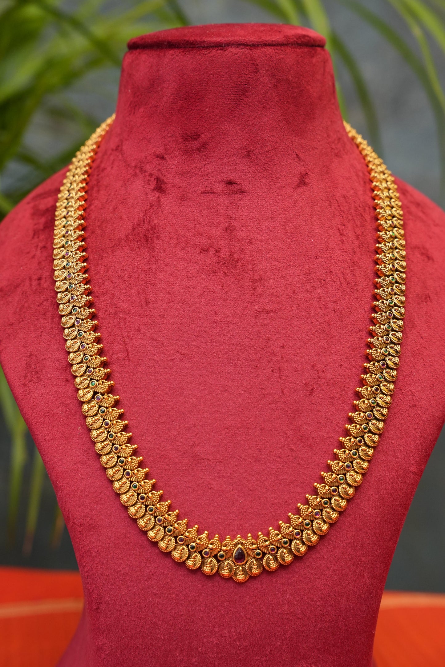 Antique Gold Plated Lakshmi Kaasu Maala Necklace Set with Jhumkas