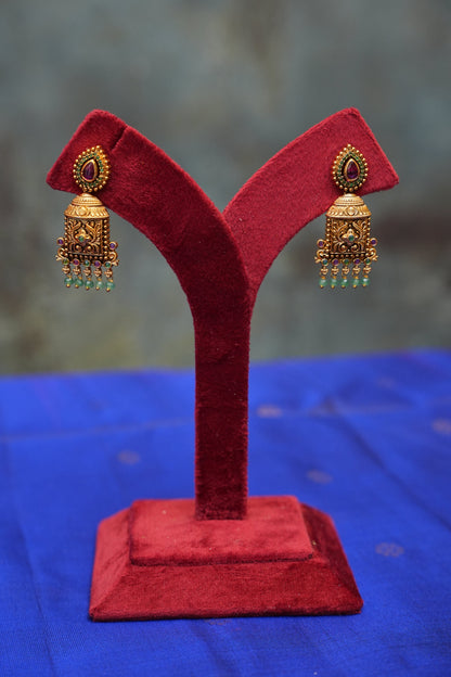 Antique Temple Jewellery Long Haaram with Statement Pendant & Jhumkas