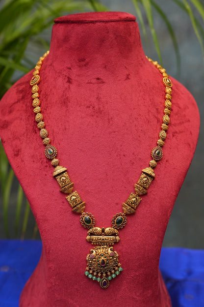 Antique Temple Jewellery Long Haaram with Statement Pendant & Jhumkas