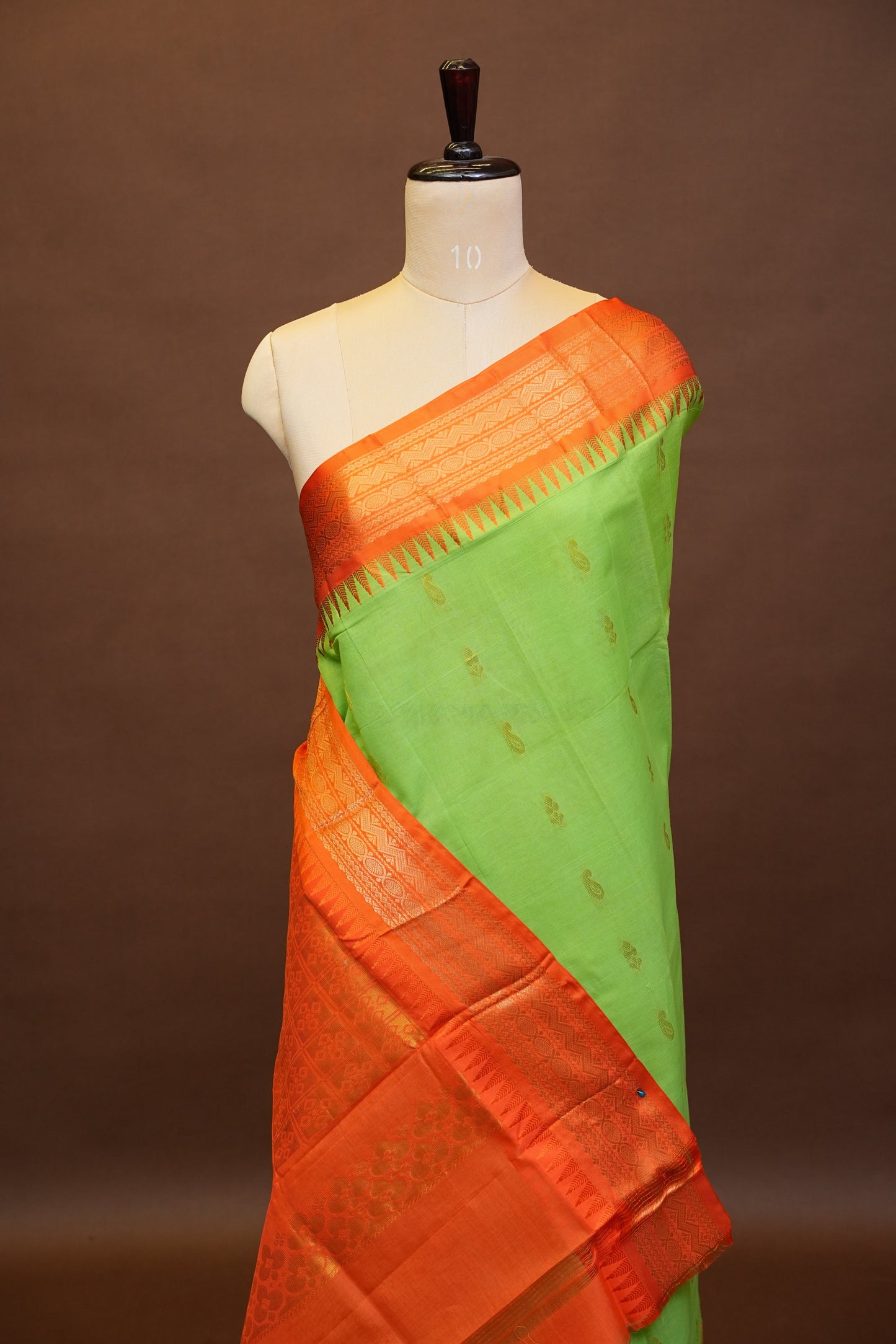 Gadwal Cotton Saree - Parrot Green & Orange