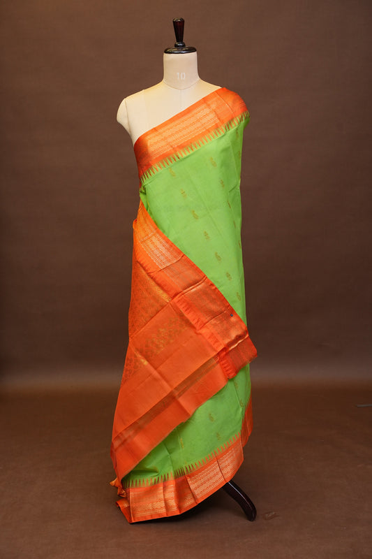 Gadwal Cotton Saree - Parrot Green & Orange