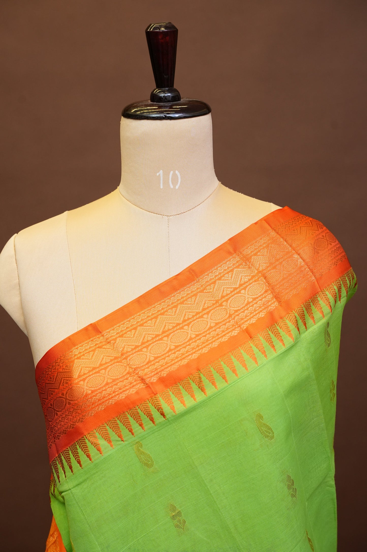Gadwal Cotton Saree - Parrot Green & Orange