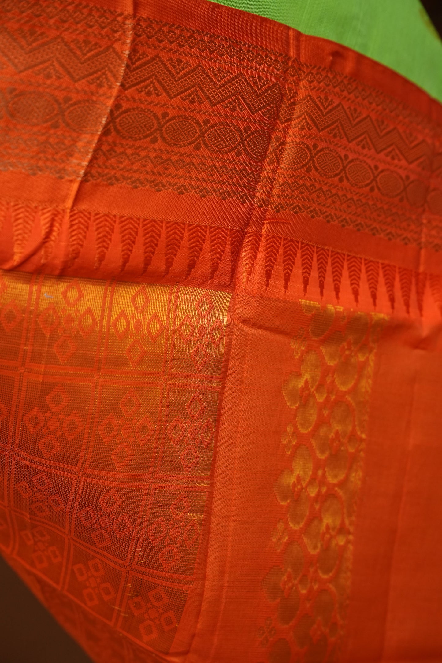 Gadwal Cotton Saree - Parrot Green & Orange