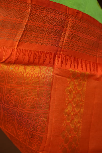 Gadwal Cotton Saree - Parrot Green & Orange