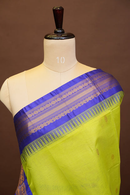 Gadwal Cotton Saree - Parrot Green & Royal Blue