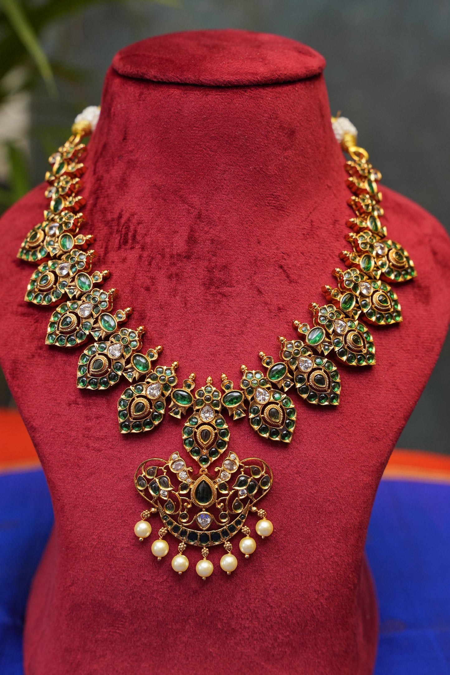 Antique Gold-Plated Emerald Stone Temple Jewellery Set