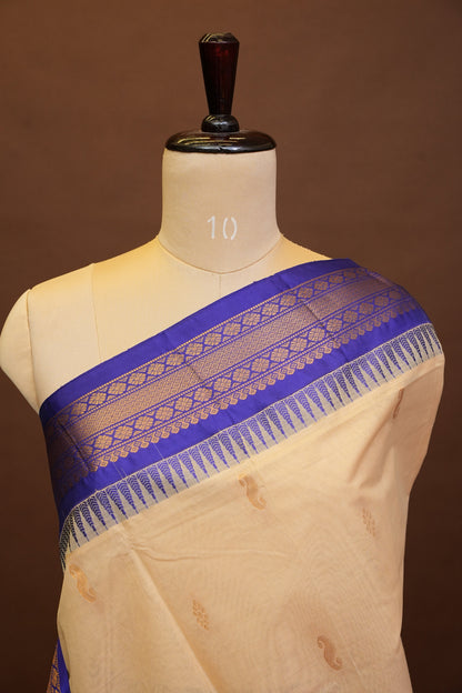 Gadwal Cotton Saree - Beige & Royal Blue