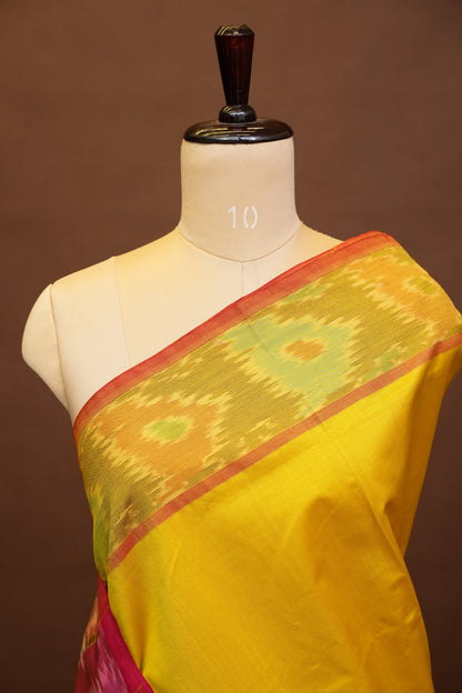 Ikkat Cotton Silk Saree - Yellow and Pink
